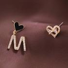 Non-matching Rhinestone Lettering & Heart Stud Earring 1 Pair - Gold - One Size