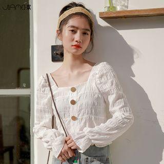 Long-sleeve Crinkled Blouse Milky White - One Size