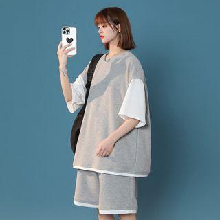 Set: Mock Two-piece Elbow-sleeve T-shirt + Wide Leg Shorts
