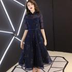 Stand Collar Elbow Sleeve Lace Cocktail Dress / Evening Gown