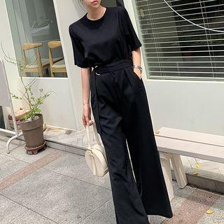 Short-sleeve Belted Wide-leg Jumpsuit