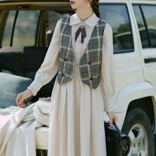 Double Breasted Plaid Vest / Long-sleeve Dress