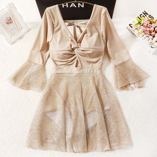 Bell-sleeve Twisted Glitter Swimdress