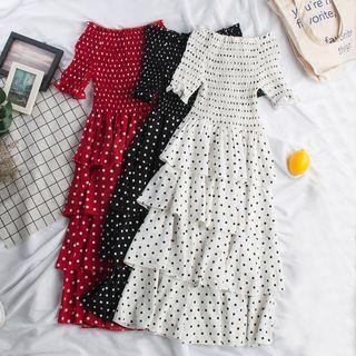 Off-shoulder Dotted Maxi Layered Dress