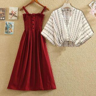 Spaghetti Strap Midi A-line Dress / Short-sleeve Striped Top / Tie-front Shirt / Set