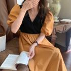 Short-sleeve Two Tone A-line Dress Yellow - One Size