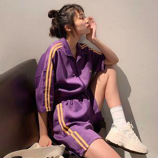Set: 3/4-sleeve Striped Trim Zip Jacket + Shorts