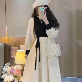 Mock Two-piece Long-sleeve Knit Panel Jacquard Midi Dress
