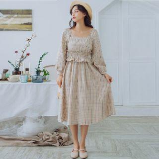 Puff-sleeve Plaid Smocked Midi A-line Dress