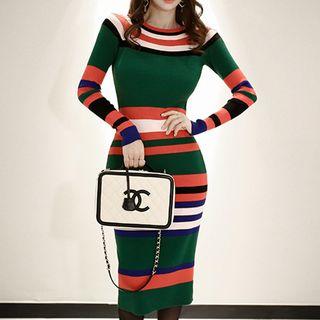 Long-sleeve Color Block Midi Sheath Knit Dress As Shown In Figure - One Size