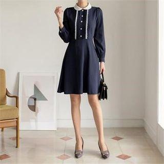 Contrast-collar Pintuck-front Lace-trim Dress