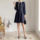 Contrast-collar Pintuck-front Lace-trim Dress