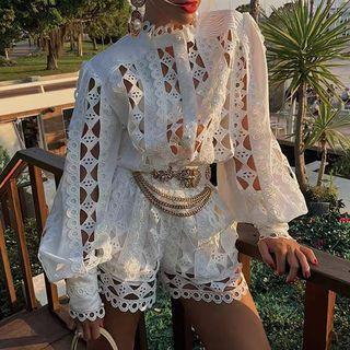 Set: Long-sleeve Eyelet Lace Blouse + Shorts