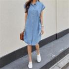 Cap-sleeve Denim Shirtdress With Sash Blue - One Size