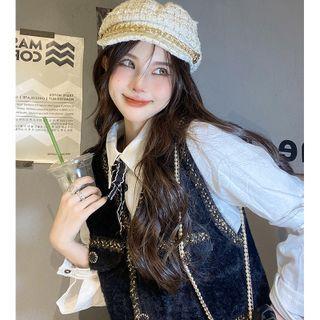 Details Puff-sleeve Shirt / Glitter-trim Dress Vest