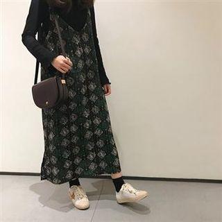 Spaghetti-strap Floral Dress Green - One Size