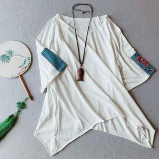 Short-sleeve Flower Embroidered Asymmetrical T-shirt
