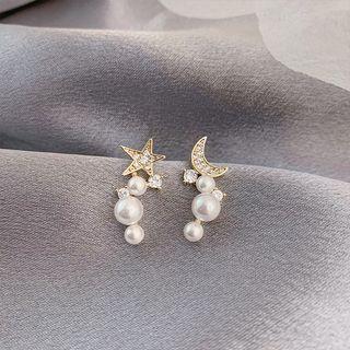 Non-matching Rhinestone Moon & Star Faux Pearl Earring Pearl White - One Size