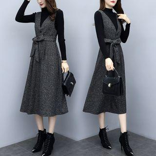 Set: Mock-turtleneck Ribbed Knit Top + Tie-waist Midi Pinafore Dress