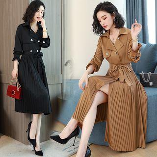 Long-sleeve Button-detail Midi Pleated Dress