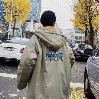 Printed Hooded Zip Cargo Coat