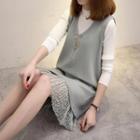 Set: Knit Top + Sleeveless Lace Hem Knit Dress