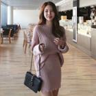 Set: Ribbed Sweater + Lace-hem Ribbed Knit Skirt