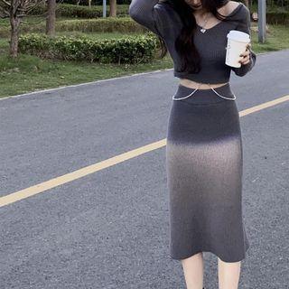 Cropped V-neck Sweater / Knit Midi Pencil Skirt / Set