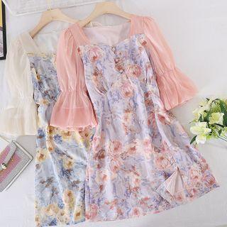 Bell-sleeve Flower Print Mini A-line Dress