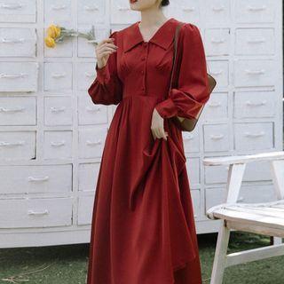 Bishop-sleeve Collared Midi A-line Dress