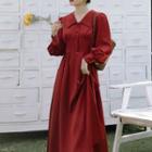 Bishop-sleeve Collared Midi A-line Dress