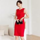 Sleeveless Pintuck-trim Sheath Dress