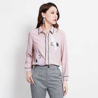 Long-sleeve Crane Embroidered Blouse
