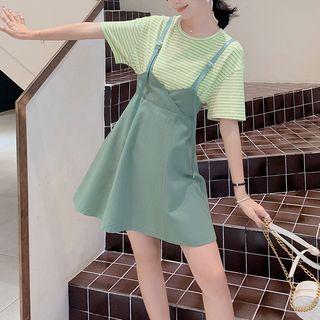 Short-sleeve Striped T-shirt / Suspender Skirt