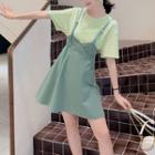 Short-sleeve Striped T-shirt / Suspender Skirt