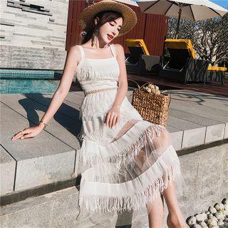 Fringed Sleeveless A-line Midi Dress