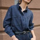 Long-sleeve Denim Shirt Dark Blue - One Size