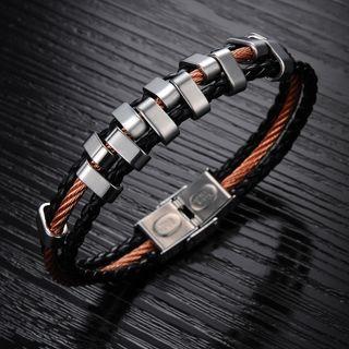 Stainless Steel Faux Leather Layered Bracelet 843 - Bracelet - One Size