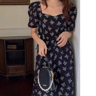 Short-sleeve Square-neck Butterfly Midi A-line Dress