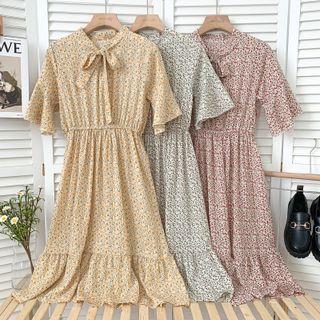 Ribbon-neckline Floral Midi Dress In 6 Colors