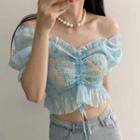 Off Shoulder Tie Dye Smocked Drawstring Blouse