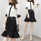 Set: Contrast Trim Elbow Sleeve Band Collar Shirt + Plain A-line Skirt