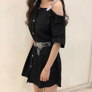 Elbow-sleeve Asymmetric A-line Mini Shirt Dress