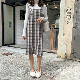 Long-sleeve Turtleneck Top / Plaid Midi Jumper Dress