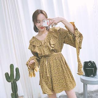 Frilled-trim Floral Print Dress With Belt