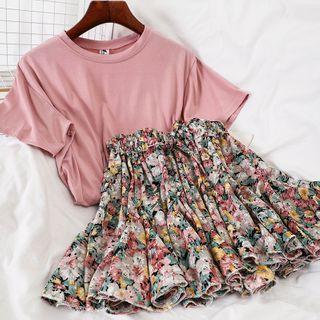 Set: Plain Short-sleeve T-shirt + Flower Print Mini A-line Skirt