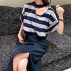 Short-sleeve Striped T-shirt / Front-slit Midi A-line Skirt