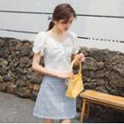 Puff-sleeve Blouse / Plaid Mini A-line Skirt / Set