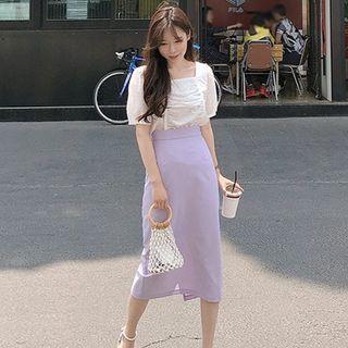Puff-sleeve Dotted Blouse / Midi Skirt