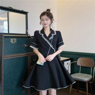 Frilled V-neck Short-sleeve Dress Black - One Size